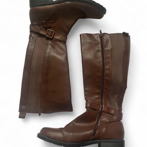 Coffee Brown Pleather Knee High Boots with Bronze Buckle •SIZE - 8 fits like 7.5